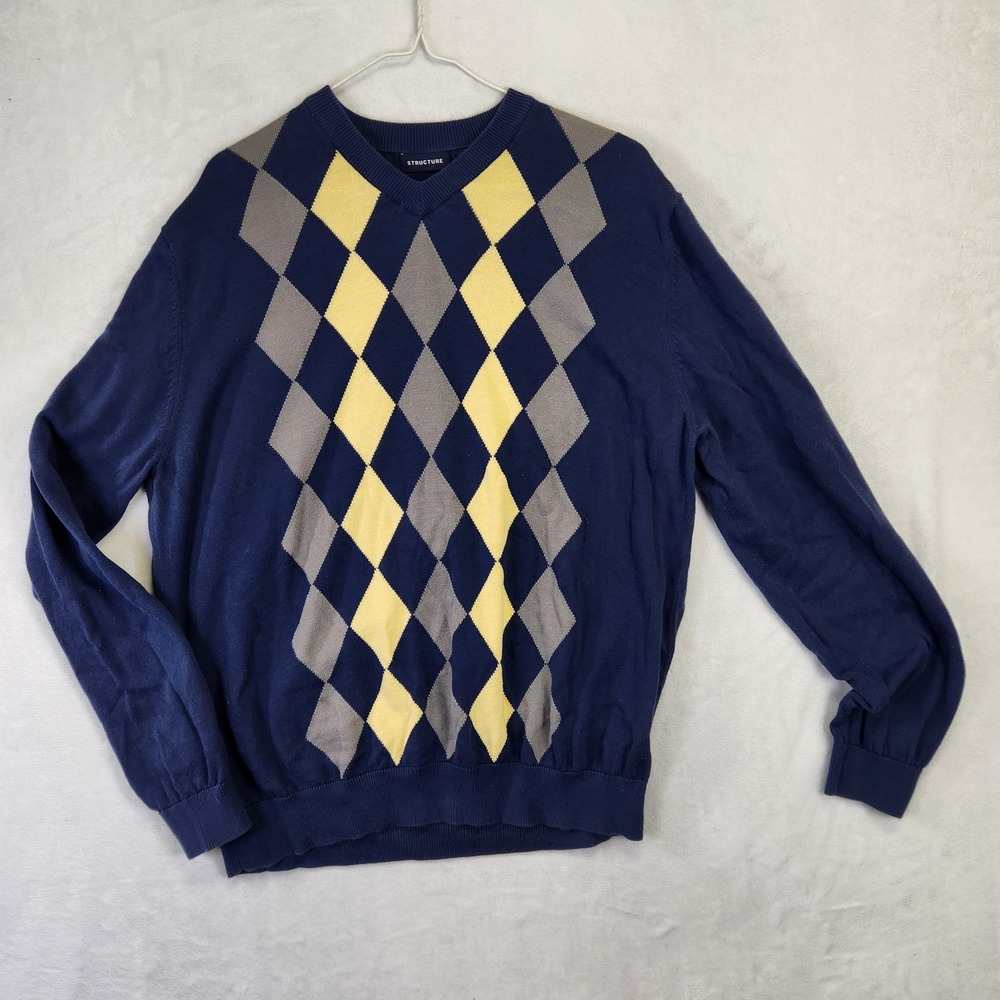 Structure Mens Argyle V-Neck Sweater Navy Blue Yellow Grey 100% Cotton XL